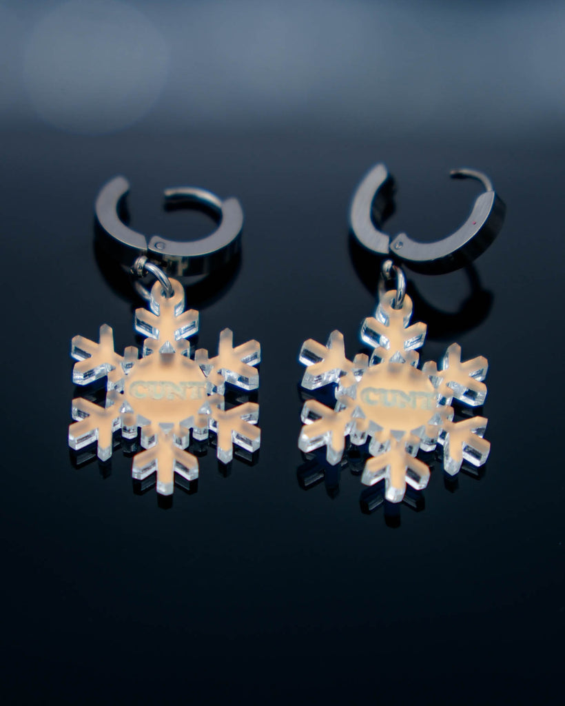 iridescent cunt snowflake earrings on stainless steel hoops by electric cat