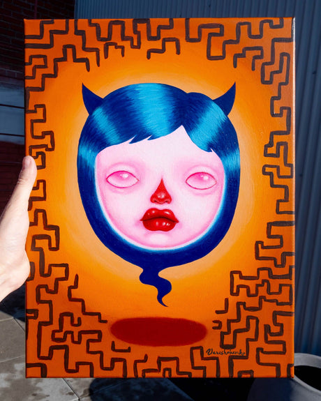 Artistic depiction of a face with blue hair on an orange background with geometric patterns.