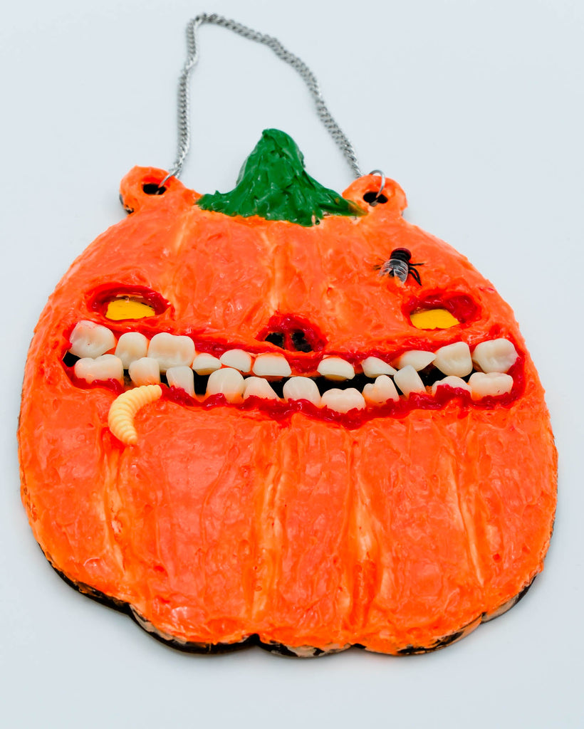 Handmade creepy pumpkin face with resin teeth, acrylic texture, and tiny maggot accent, wall art by Electric Cat.