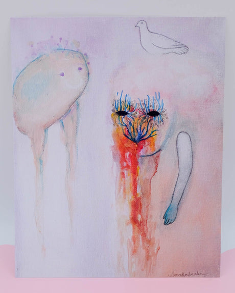 An art print featuring a stylized, abstract representation of a face with blue and pink colors, accompanied by a small bird and a larger, abstract object in the background.