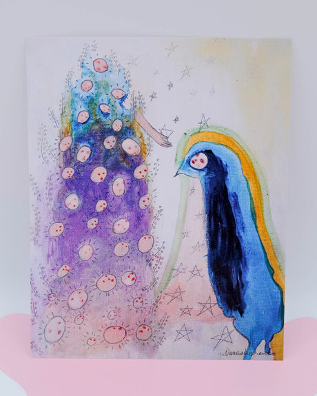 An art print featuring a stylized, colorful illustration with a mystical theme.