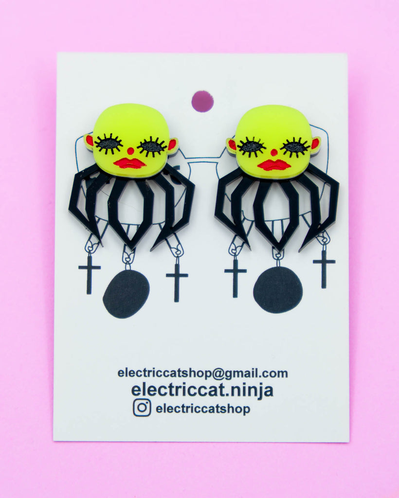 Glow in the dark acrylic spider baby earrings by electric cat