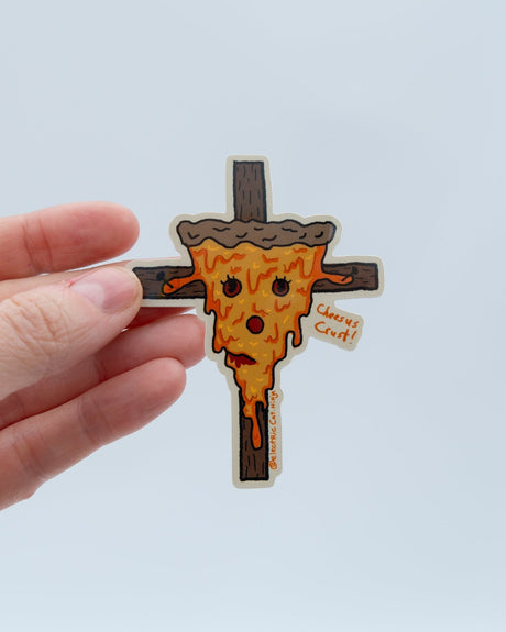 cheesus pizza on a cross sticker by electric cat 