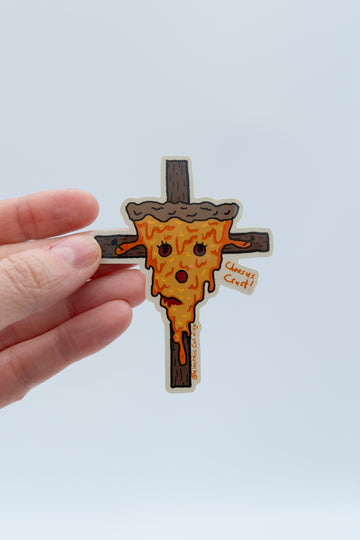 cheesus pizza on a cross sticker by electric cat 