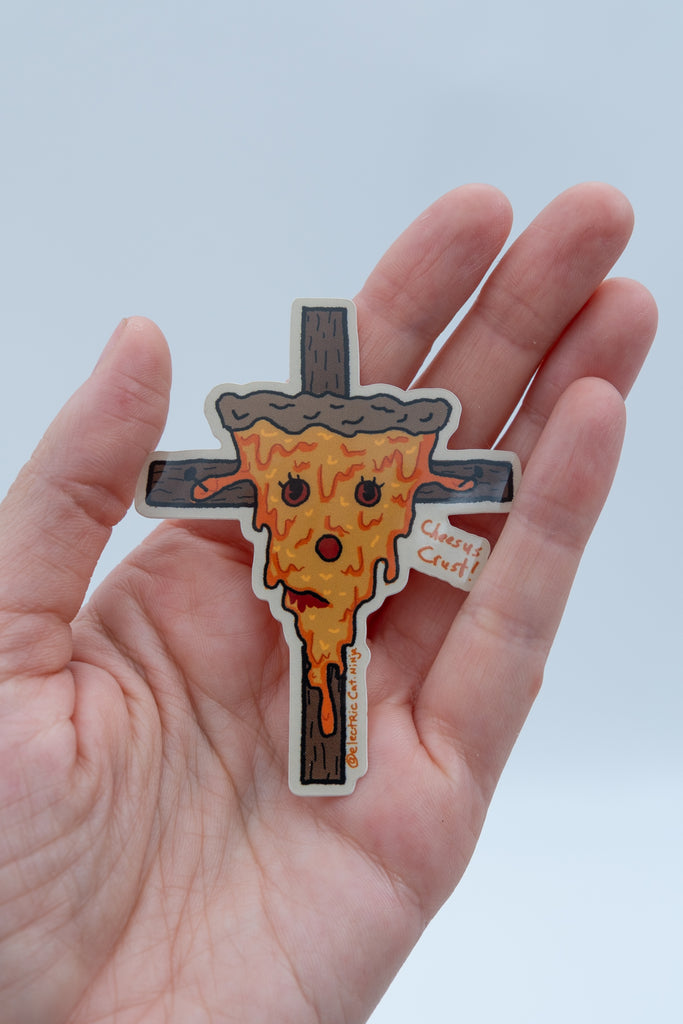 cheesus pizza on a cross sticker by electric cat 