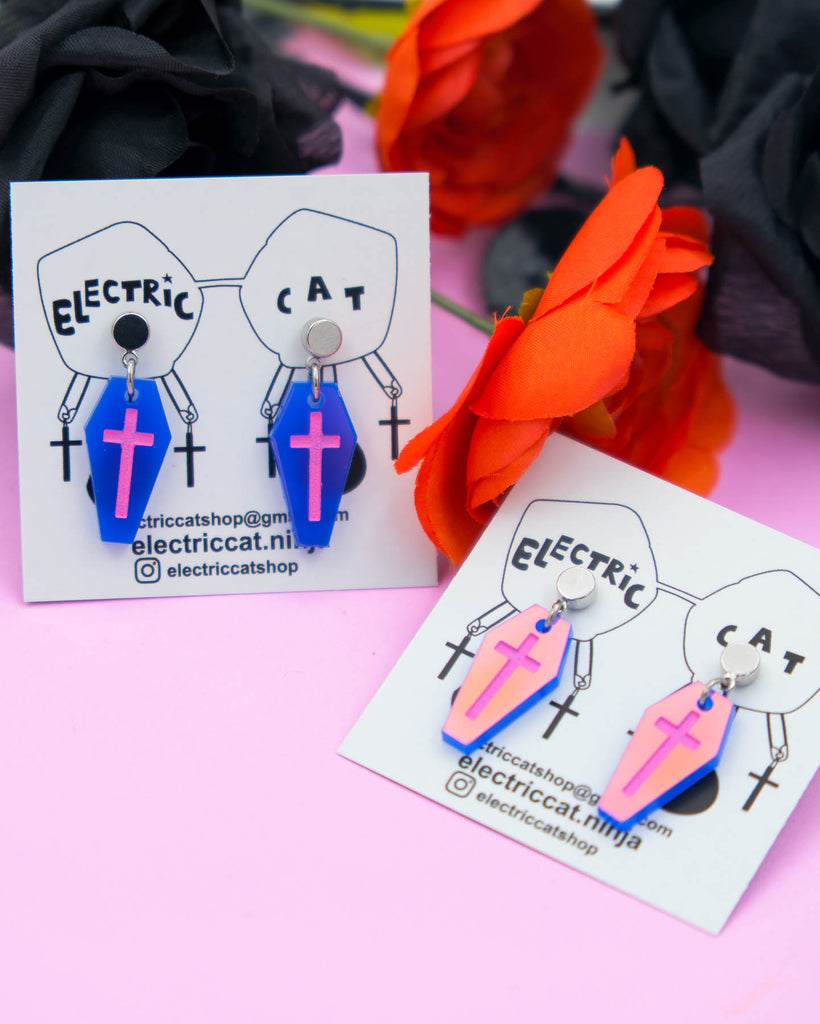 blue iridescent coffin statement earrings by electric cat