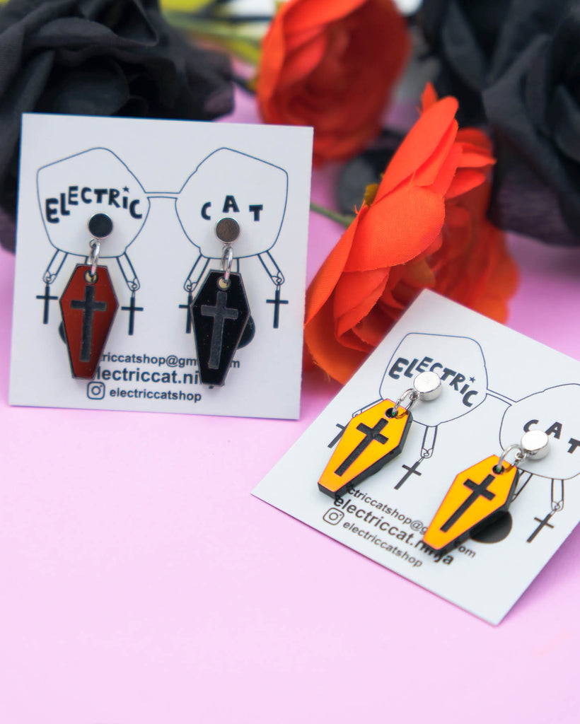 black iridescent coffin statement earrings by electric cat