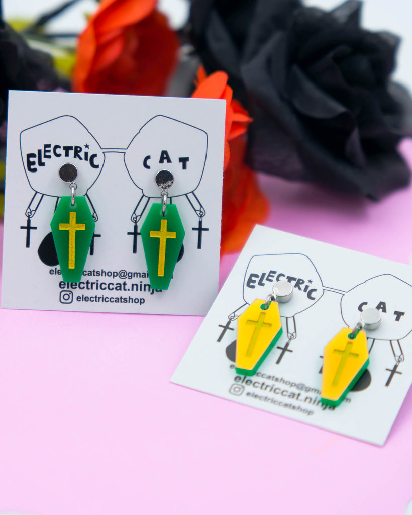 green iridescent coffin statement earrings by electric cat