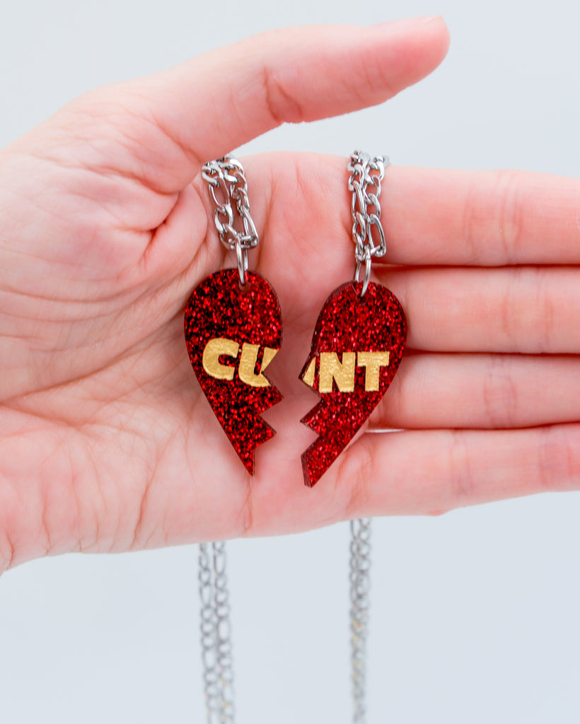 Red glitter acrylic cunt bff necklaces by electric cat