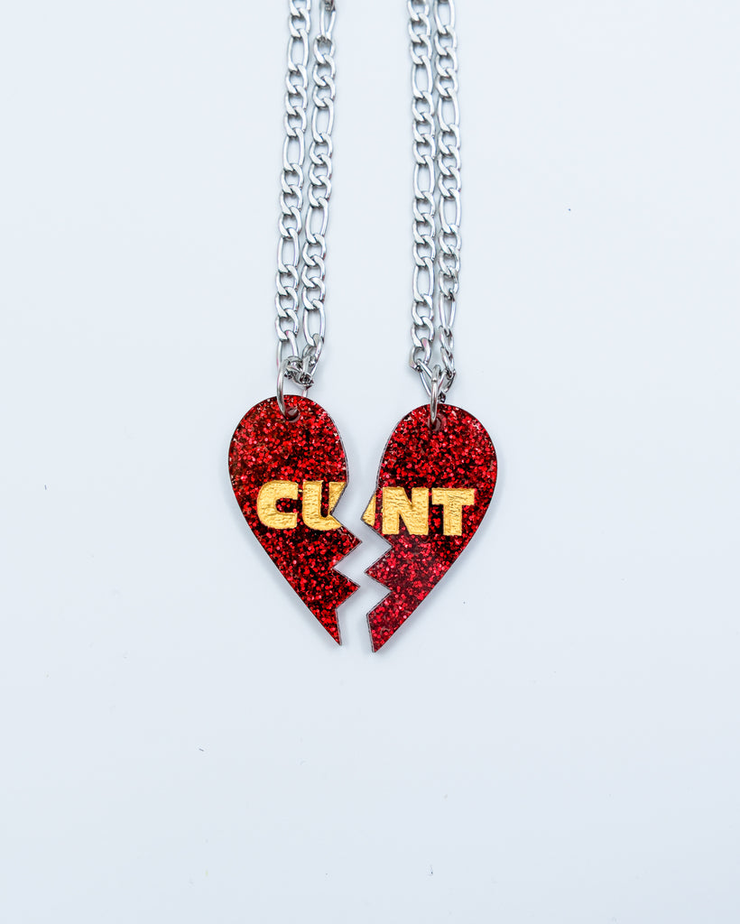 Red glitter acrylic cunt bff necklaces by electric cat