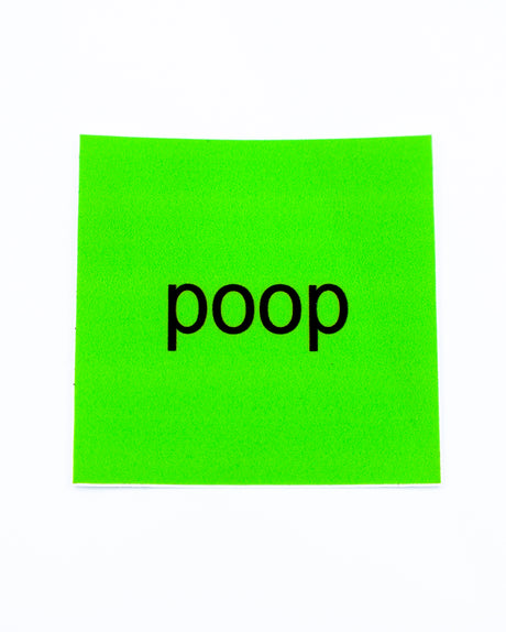Green square Charli XCX Brat vinyl sticker that says Poop by electric cat