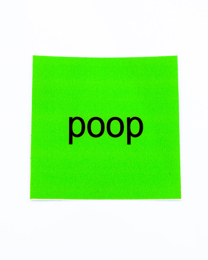 Green square Charli XCX Brat vinyl sticker that says Poop by electric cat