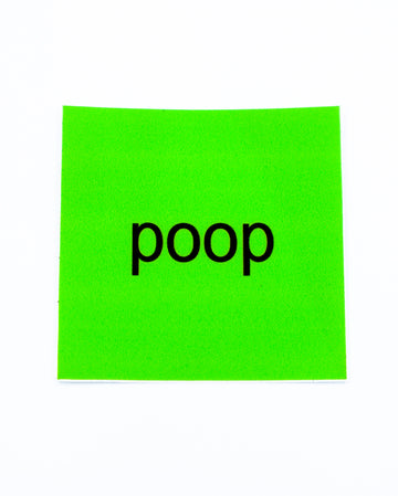 Green square Charli XCX Brat vinyl sticker that says Poop by electric cat
