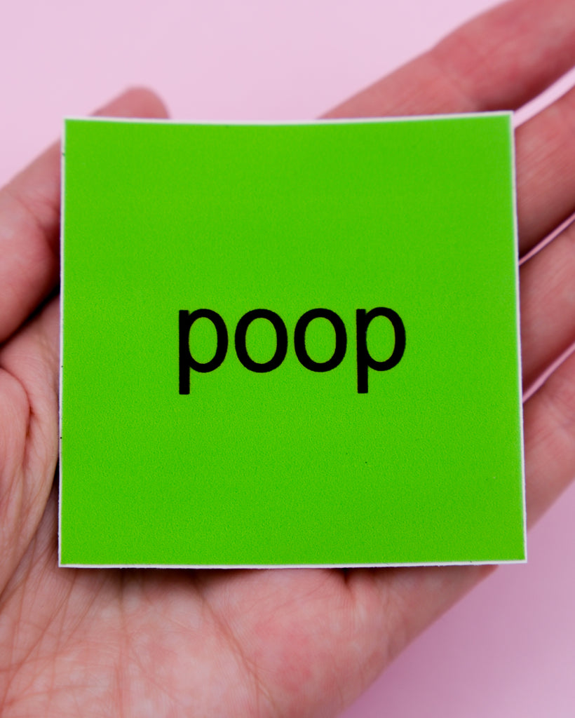 Green square Charli XCX Brat vinyl sticker that says Poop by electric cat