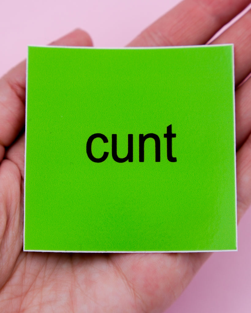 Green square Charli XCX Brat vinyl sticker that says Cunt by electric cat