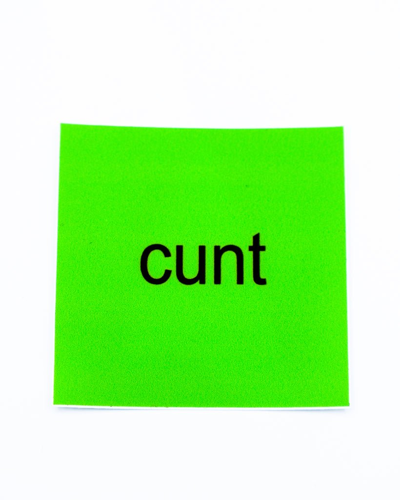 Green square Charli XCX Brat vinyl sticker that says Cunt by electric cat