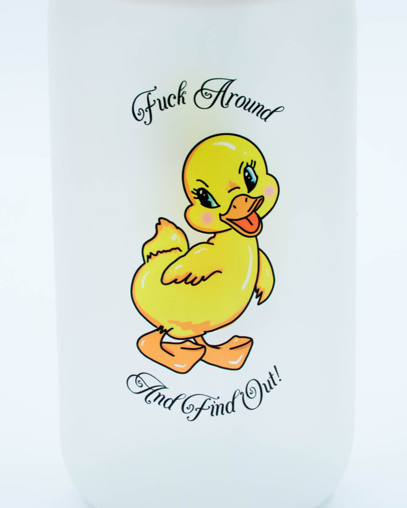16 oz frosted glass cup with bamboo lid and glass straw featuring a vintage-style yellow duck illustration and the phrase “Fuck Around and Find Out,” sublimated by Electric Cat.