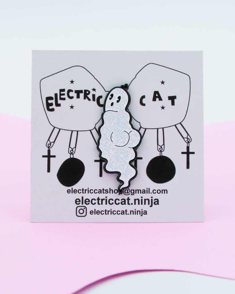 White glitter enamel ghost pin with black outline shown on branded Electric Cat card.