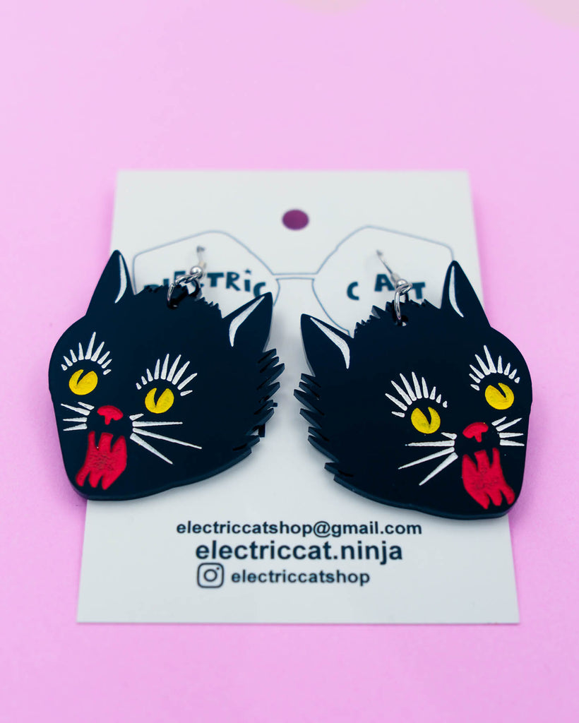 Vintage style black cat acrylic earrings by electric cat