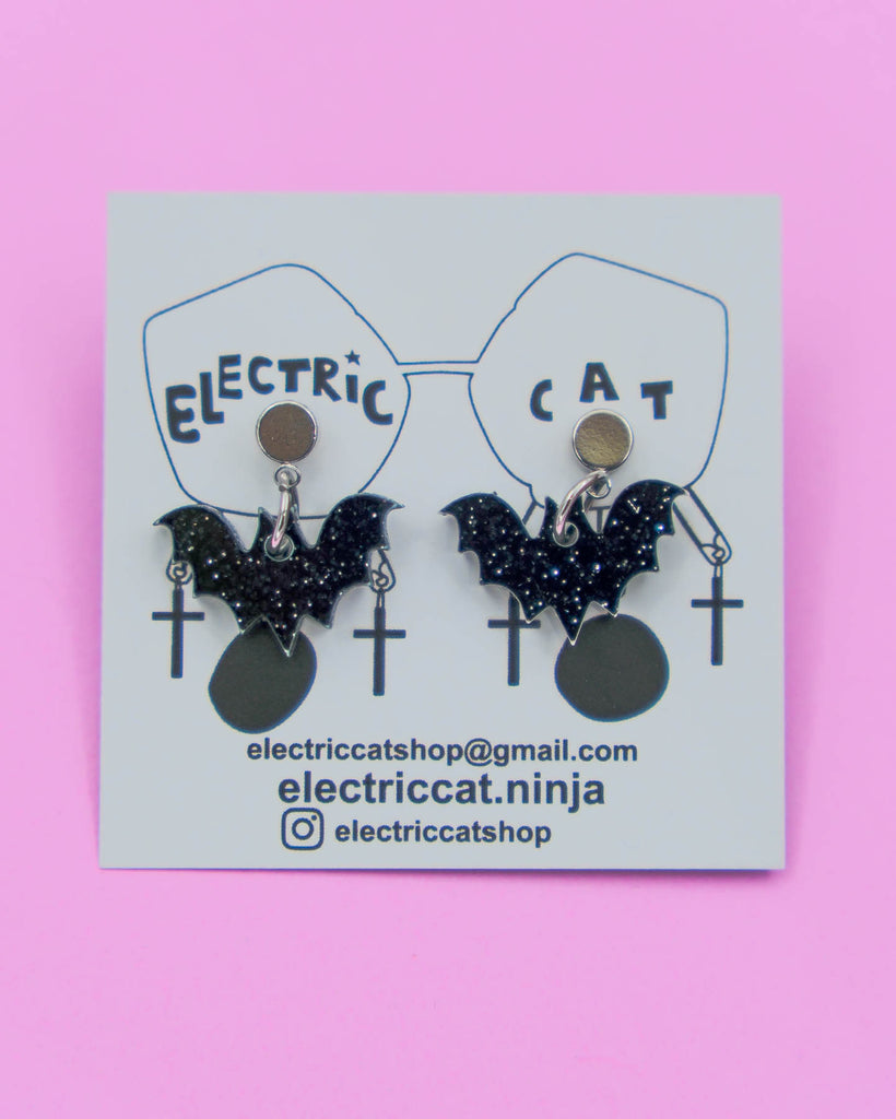 Black glitter acrylic bat post earrings by electric cat