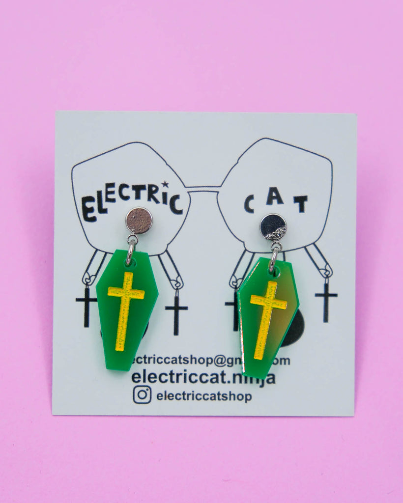 colorful iridescent coffin statement earrings by electric cat