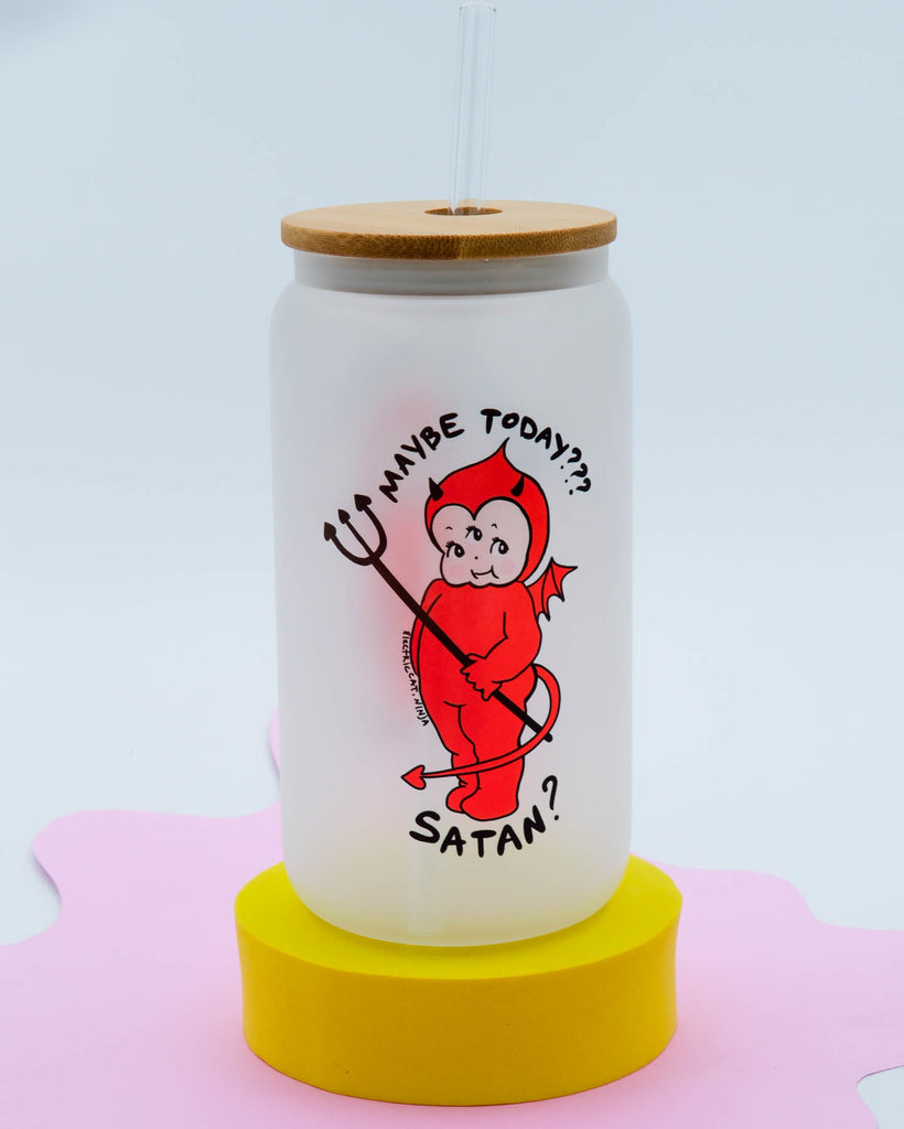 16 oz frosted glass cup with bamboo lid and glass straw featuring a red devil Kewpie illustration and the phrase “Maybe Today? Satan?”, sublimated by Electric Cat.