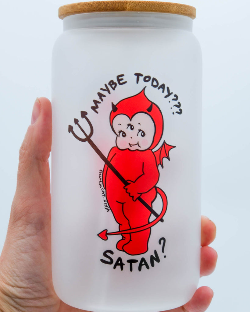16 oz frosted glass cup with bamboo lid and glass straw featuring a red devil Kewpie illustration and the phrase “Maybe Today? Satan?”, sublimated by Electric Cat.