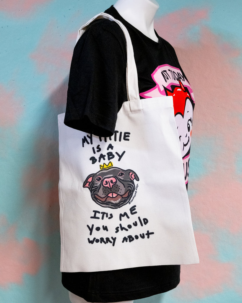 Pitbull face my pittie is a baby, it's me you should worry about canvas tote by electric cat.