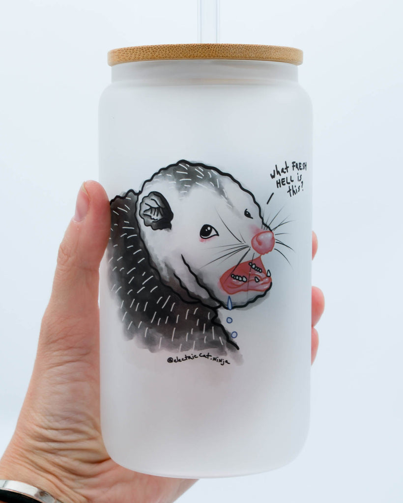Funny 16 oz frosted glass tumbler with bamboo lid printed with a drooling possum and sarcastic phrase, sublimated by Electric Cat.