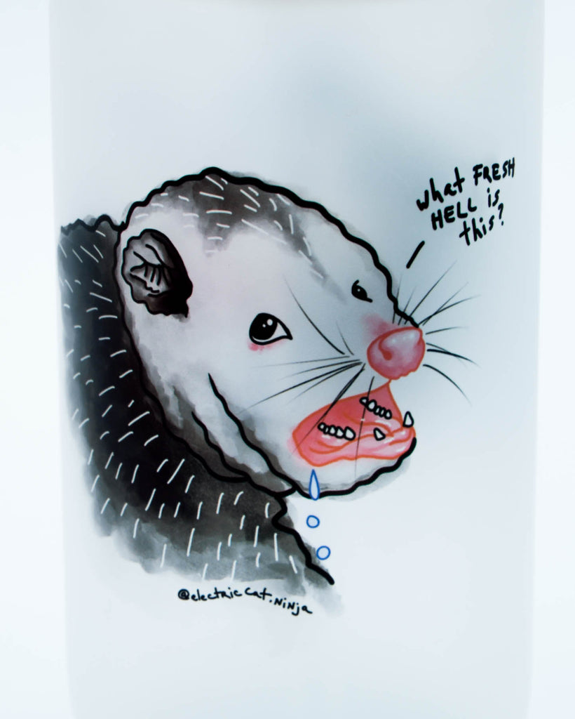 Funny 16 oz frosted glass tumbler with bamboo lid printed with a drooling possum and sarcastic phrase, sublimated by Electric Cat.