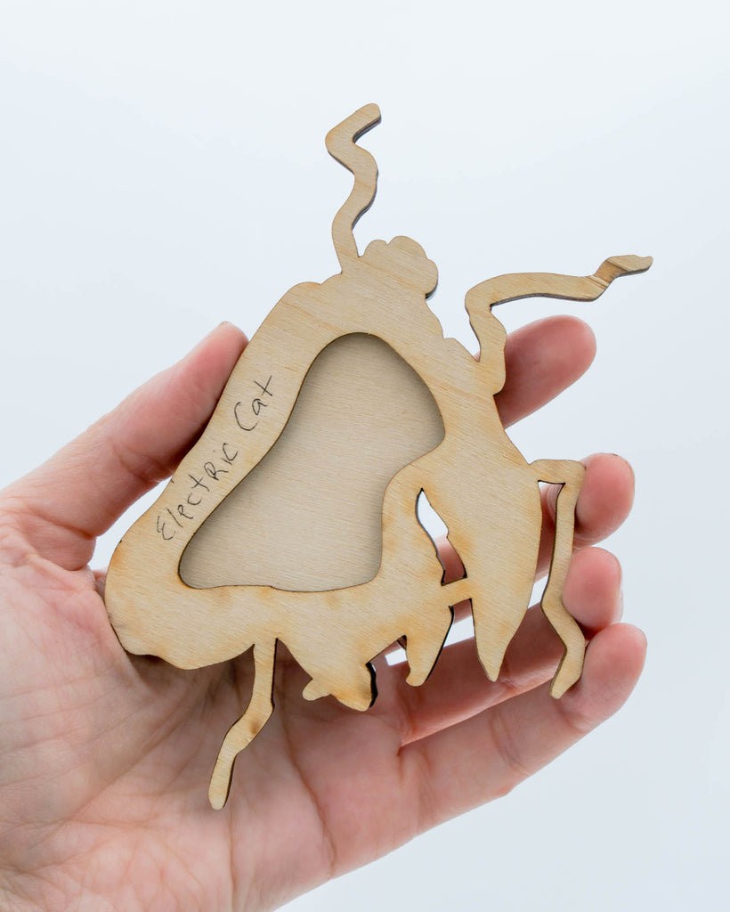 Handmade laser-cut acrylic and wood art piece showing a squashed spotted lanternfly with red and black markings, designed by Electric Cat.