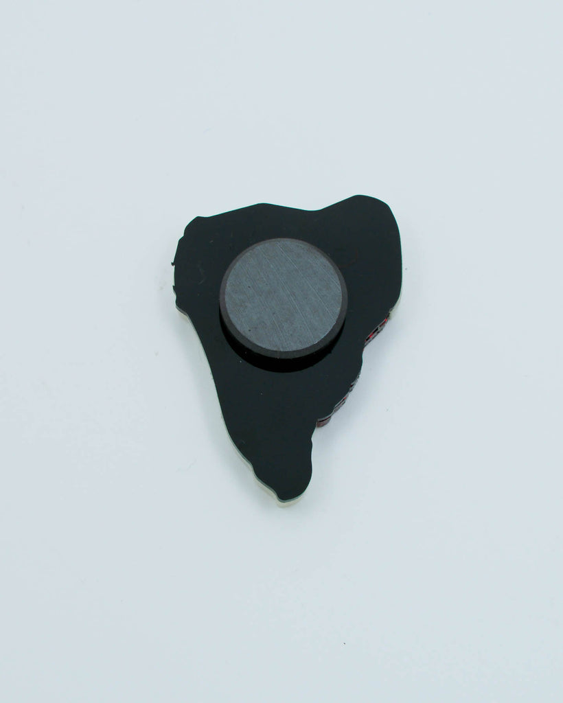 Back view of handmade acrylic steak magnet showing flat round magnet attached to black acrylic base, crafted by Electric Cat.