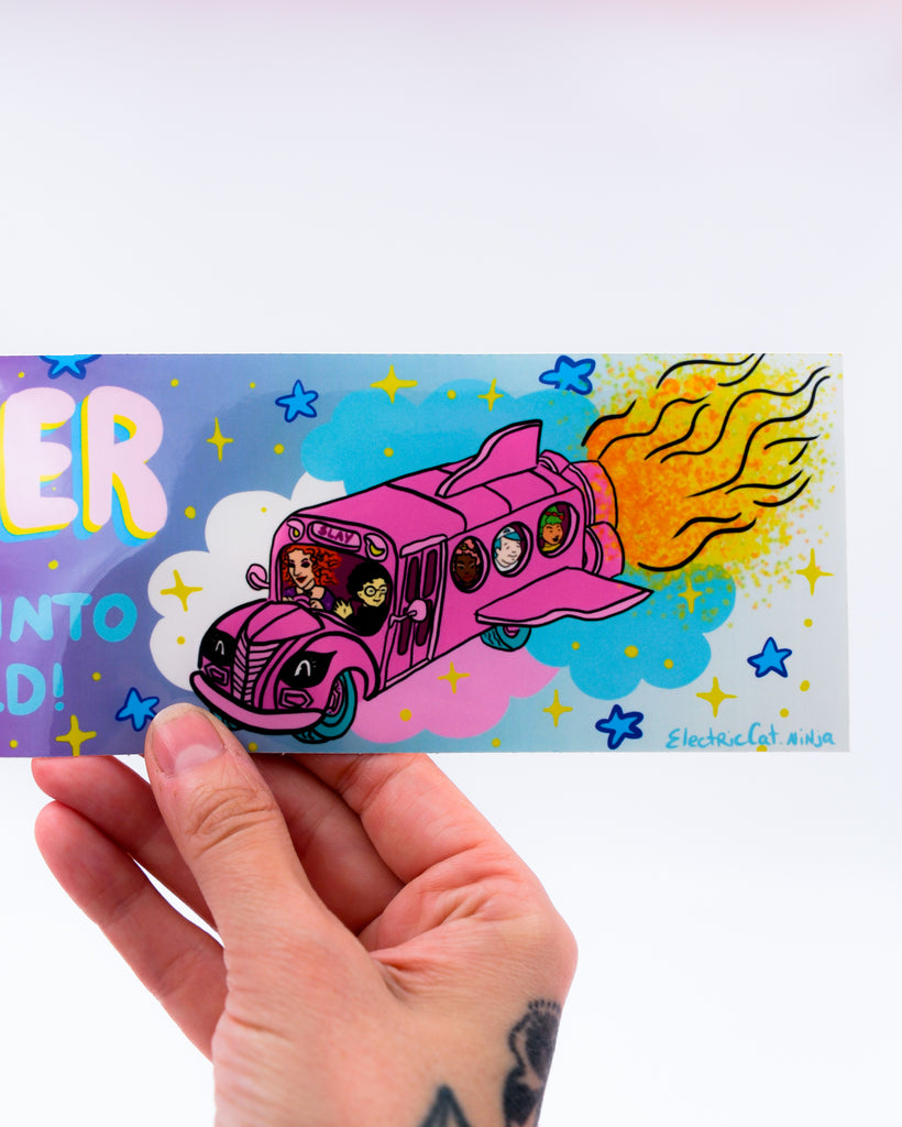 Magic school bus bumper sticker with the saying "get in loser, we're going heavy into transgender world!" by electric cat