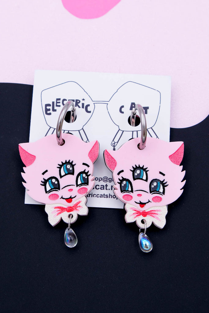Pink kitschy kitten earrings by electric cat