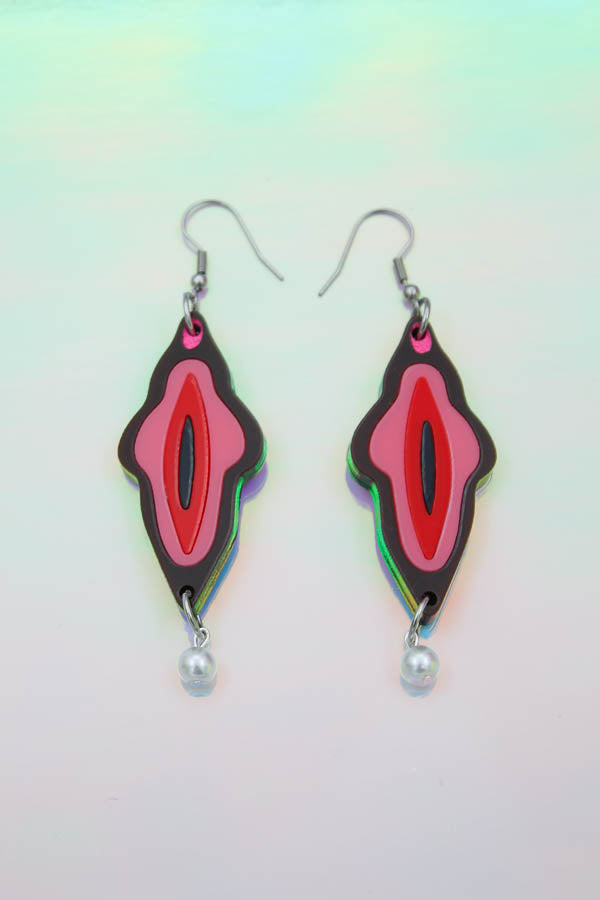 Brown acrylic vagina earrings with a pearl